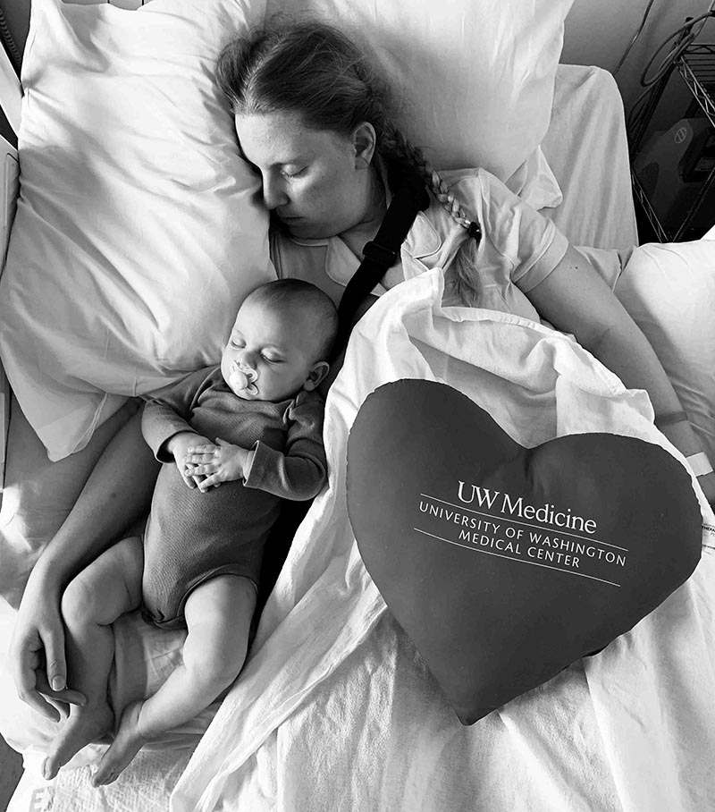 Kristy Novillo naps in the hospital with her son, Dominic, while recovering from surgery. (Photo courtesy of Jorge Novillo)